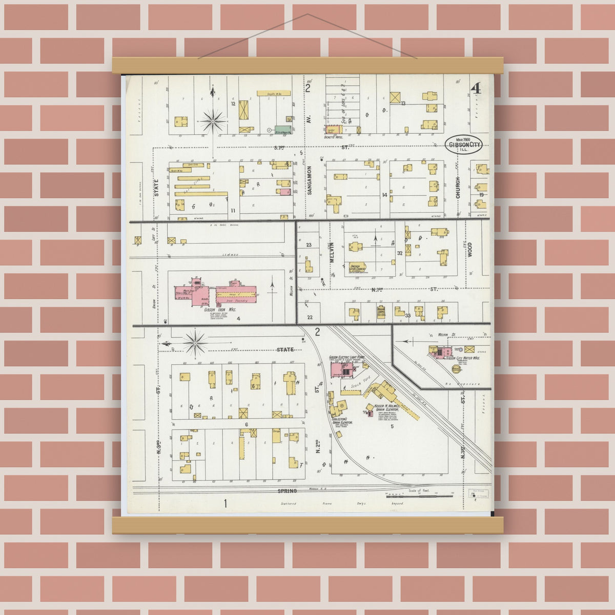 Old map wall art mockup — magnetic wood frame on brick wall — Sanborn Fire Insurance Map from Gibson City, Ford County, Illinois (1900), Sheet #0004