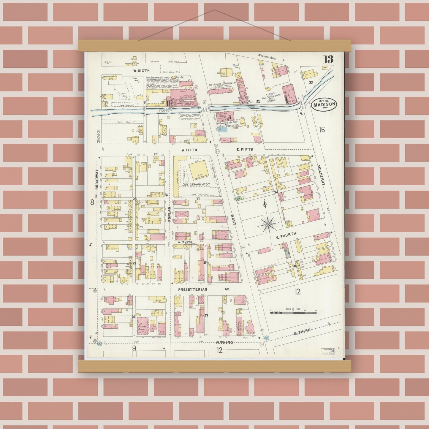Old map wall art mockup — magnetic wood frame on brick wall — Sanborn Fire Insurance Map from Madison, Jefferson County, Indiana (1897), Sheet #0013