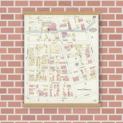 Old map wall art mockup — magnetic wood frame on brick wall — Sanborn Fire Insurance Map from Madison, Jefferson County, Indiana (1897), Sheet #0013