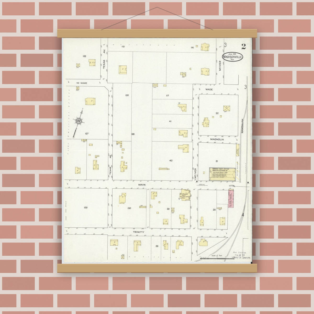 Old map wall art mockup — magnetic wood frame on brick wall — Sanborn Fire Insurance Map from Madisonville, Madison County, Texas (1914), Sheet #0002