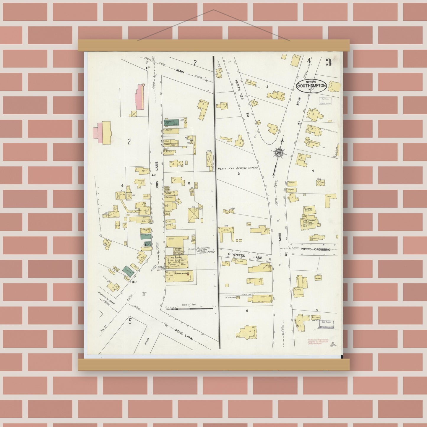 Old map wall art mockup — magnetic wood frame on brick wall — Sanborn Fire Insurance Map from Southampton, Suffolk County, New York (1909), Sheet #0003