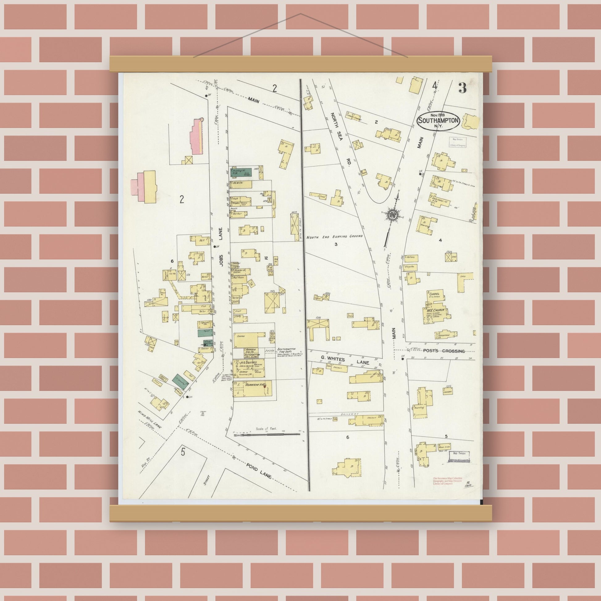 Old map wall art mockup — magnetic wood frame on brick wall — Sanborn Fire Insurance Map from Southampton, Suffolk County, New York (1909), Sheet #0003