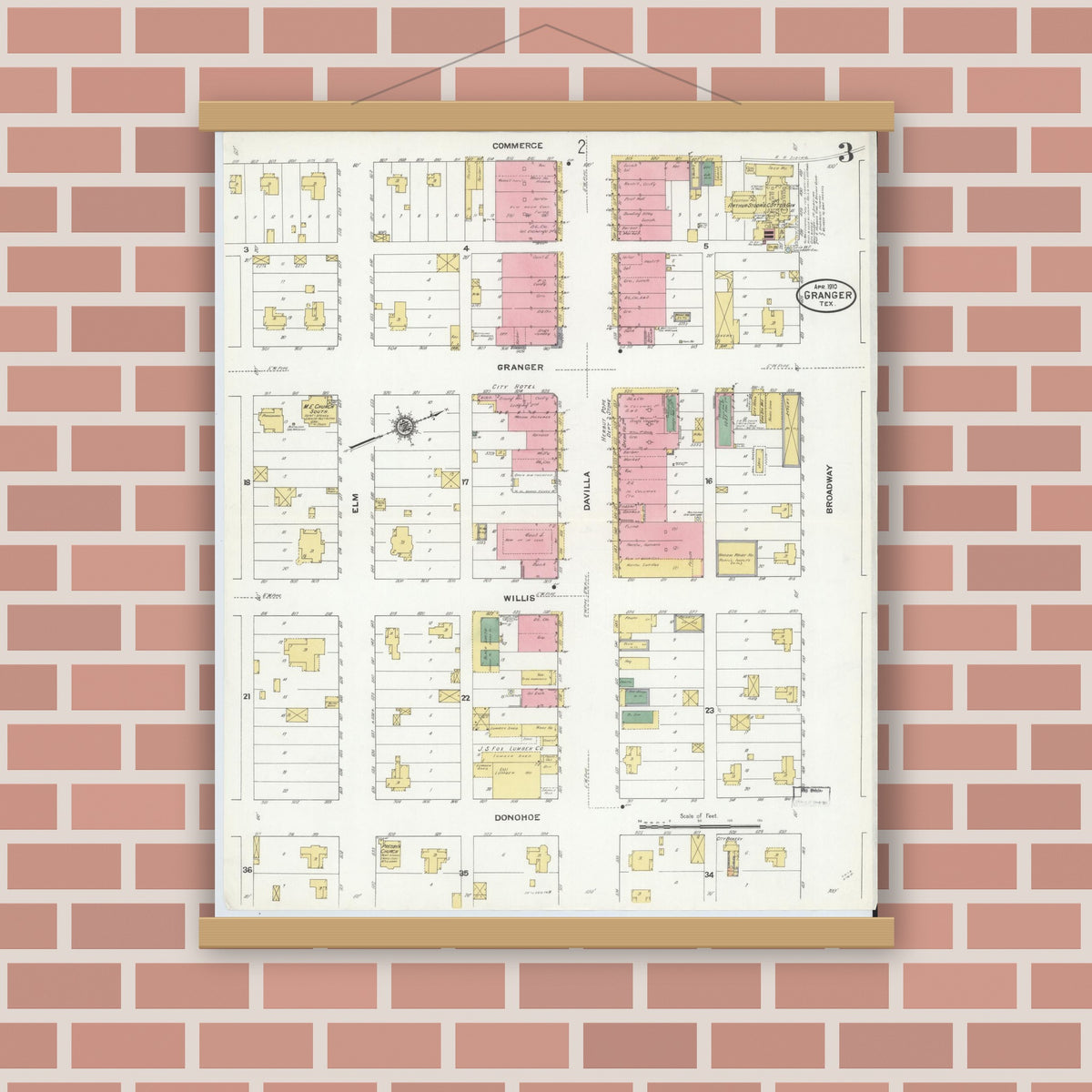 Old map wall art mockup — magnetic wood frame on brick wall — Sanborn Fire Insurance Map from Granger, Williamson County, Texas (1910), Sheet #0003