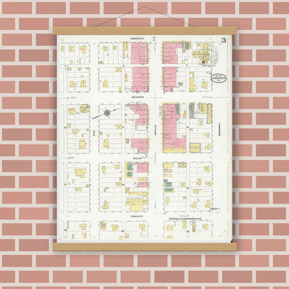 Old map wall art mockup — magnetic wood frame on brick wall — Sanborn Fire Insurance Map from Granger, Williamson County, Texas (1910), Sheet #0003