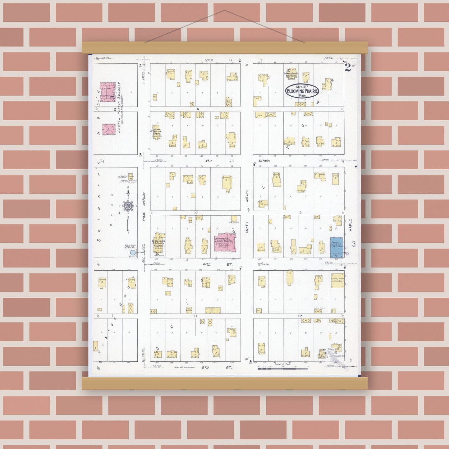 Old map wall art mockup — magnetic wood frame on brick wall — Sanborn Fire Insurance Map from Blooming Prairie, Steele County, Minnesota (1917), Sheet #0002