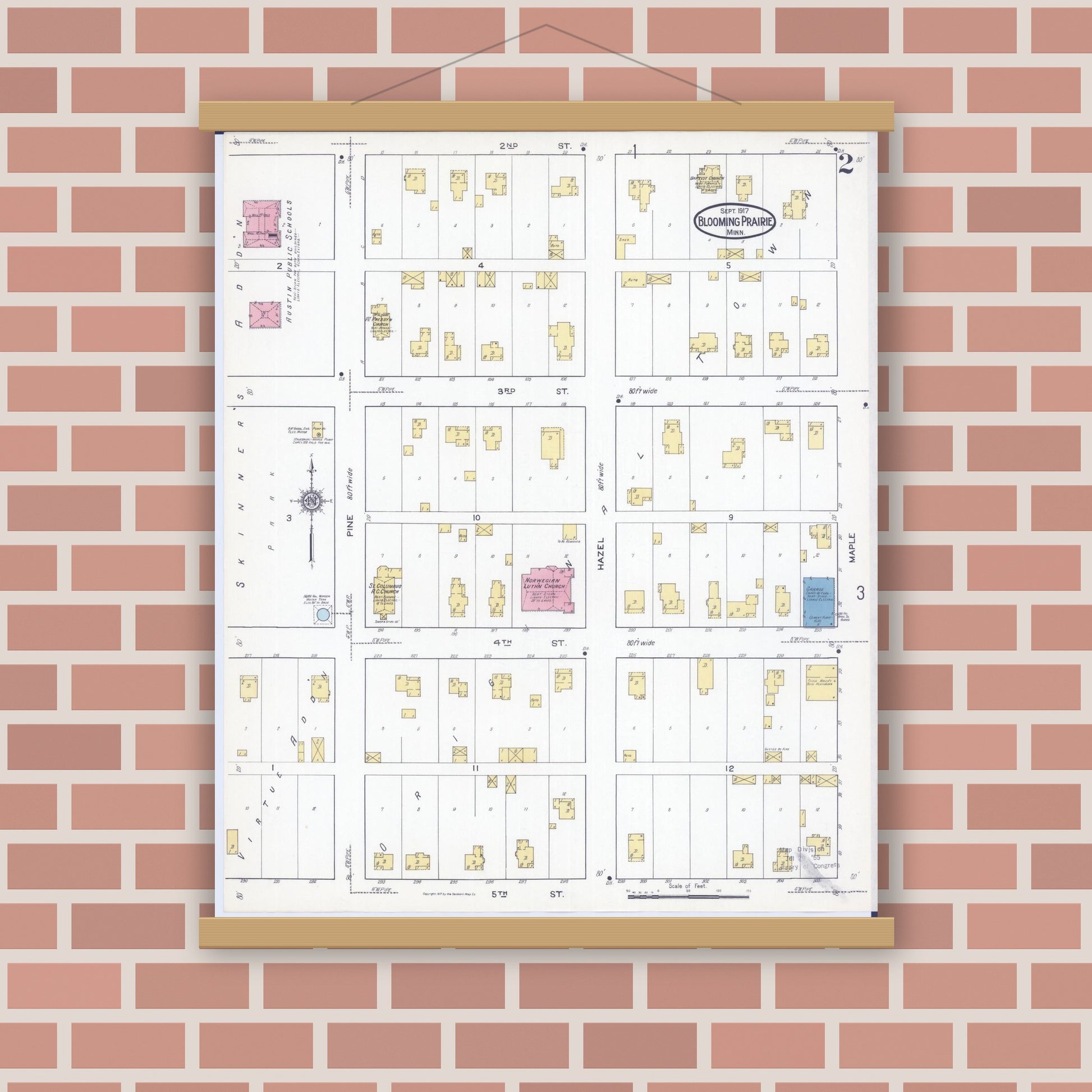 Old map wall art mockup — magnetic wood frame on brick wall — Sanborn Fire Insurance Map from Blooming Prairie, Steele County, Minnesota (1917), Sheet #0002