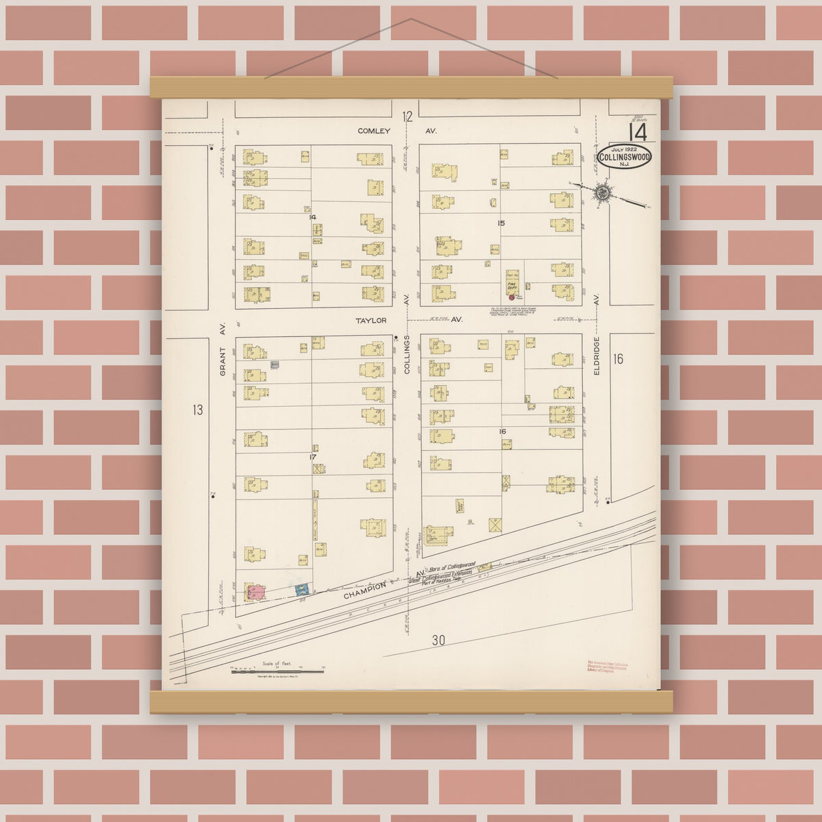 Old map wall art mockup — magnetic wood frame on brick wall — Sanborn Fire Insurance Map from Collingswood, Camden County, New Jersey (1922), Sheet #0014