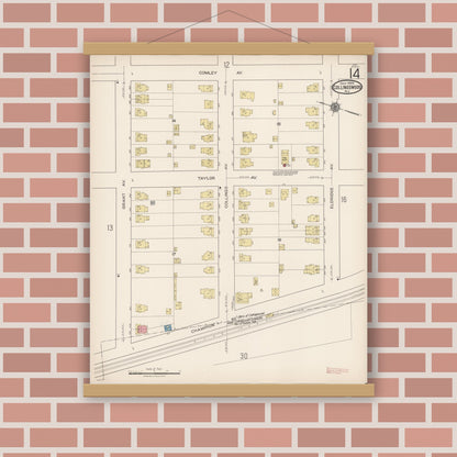 Old map wall art mockup — magnetic wood frame on brick wall — Sanborn Fire Insurance Map from Collingswood, Camden County, New Jersey (1922), Sheet #0014