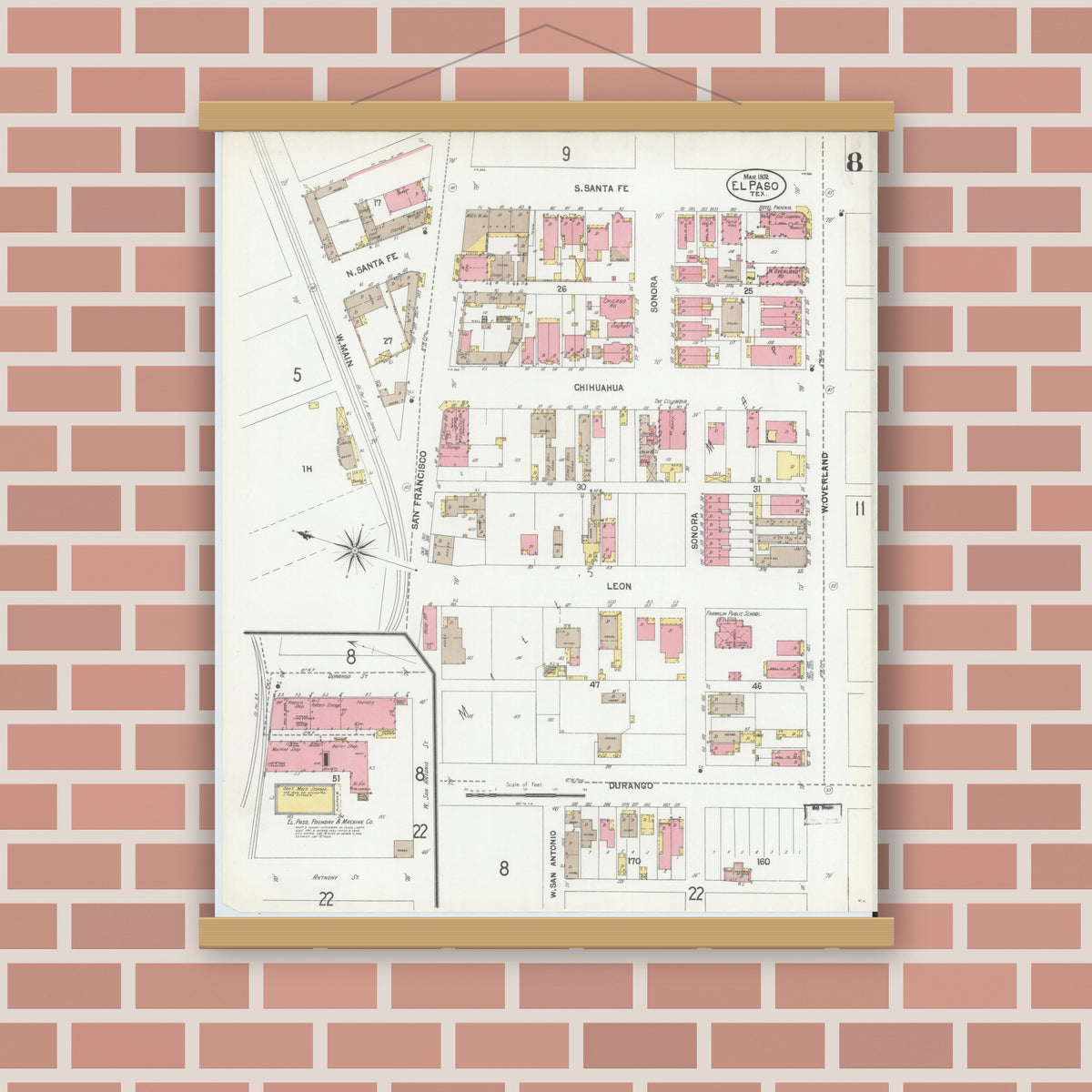 Old map wall art mockup — magnetic wood frame on brick wall — Sanborn Fire Insurance Map from El Paso, El Paso County, Texas (1902), Sheet #0008