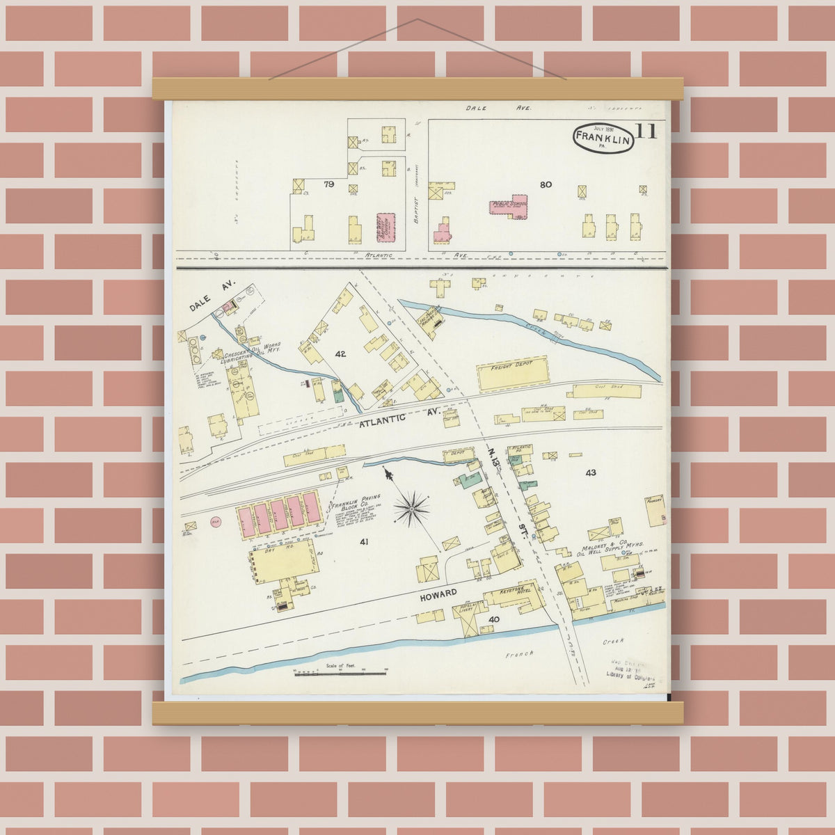 Old map wall art mockup — magnetic wood frame on brick wall — Sanborn Fire Insurance Map from Franklin, Venango County, Pennsylvania (1891), Sheet #0011
