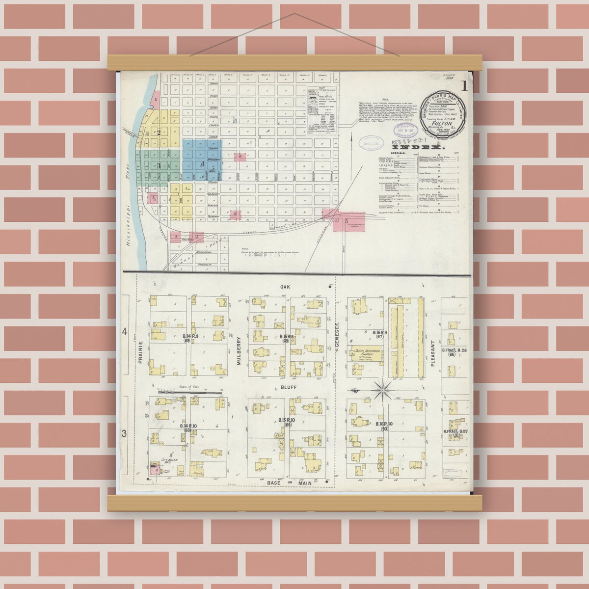 Old map wall art mockup — magnetic wood frame on brick wall — Sanborn Fire Insurance Map from Fulton, Whiteside County, Illinois (1897) - Complete Map Set