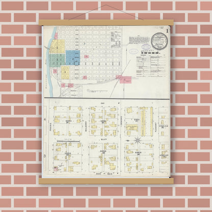 Old map wall art mockup — magnetic wood frame on brick wall — Sanborn Fire Insurance Map from Fulton, Whiteside County, Illinois (1897) - Complete Map Set