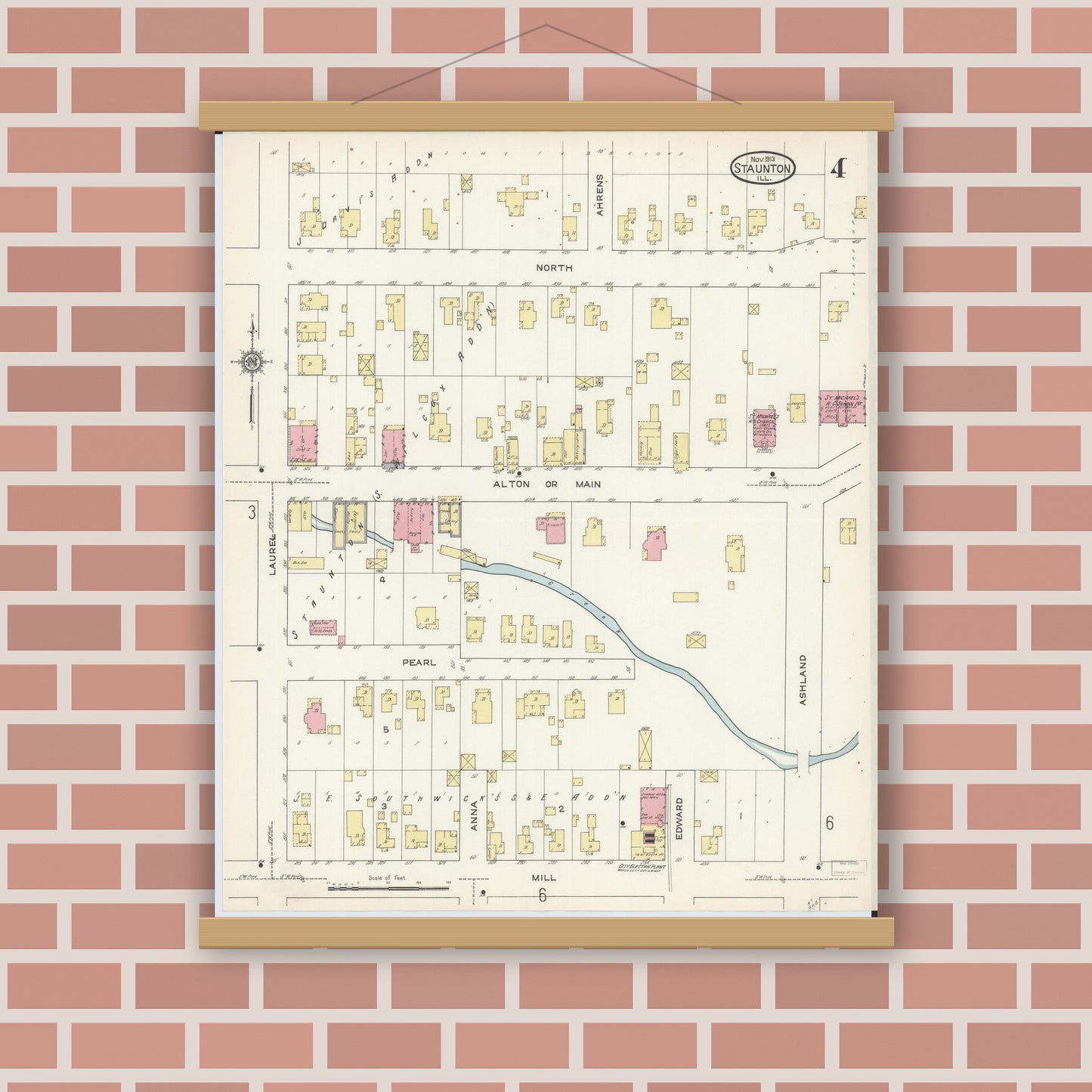 Old map wall art mockup — magnetic wood frame on brick wall — Sanborn Fire Insurance Map from Staunton, Macoupin County, Illinois (1913), Sheet #0004