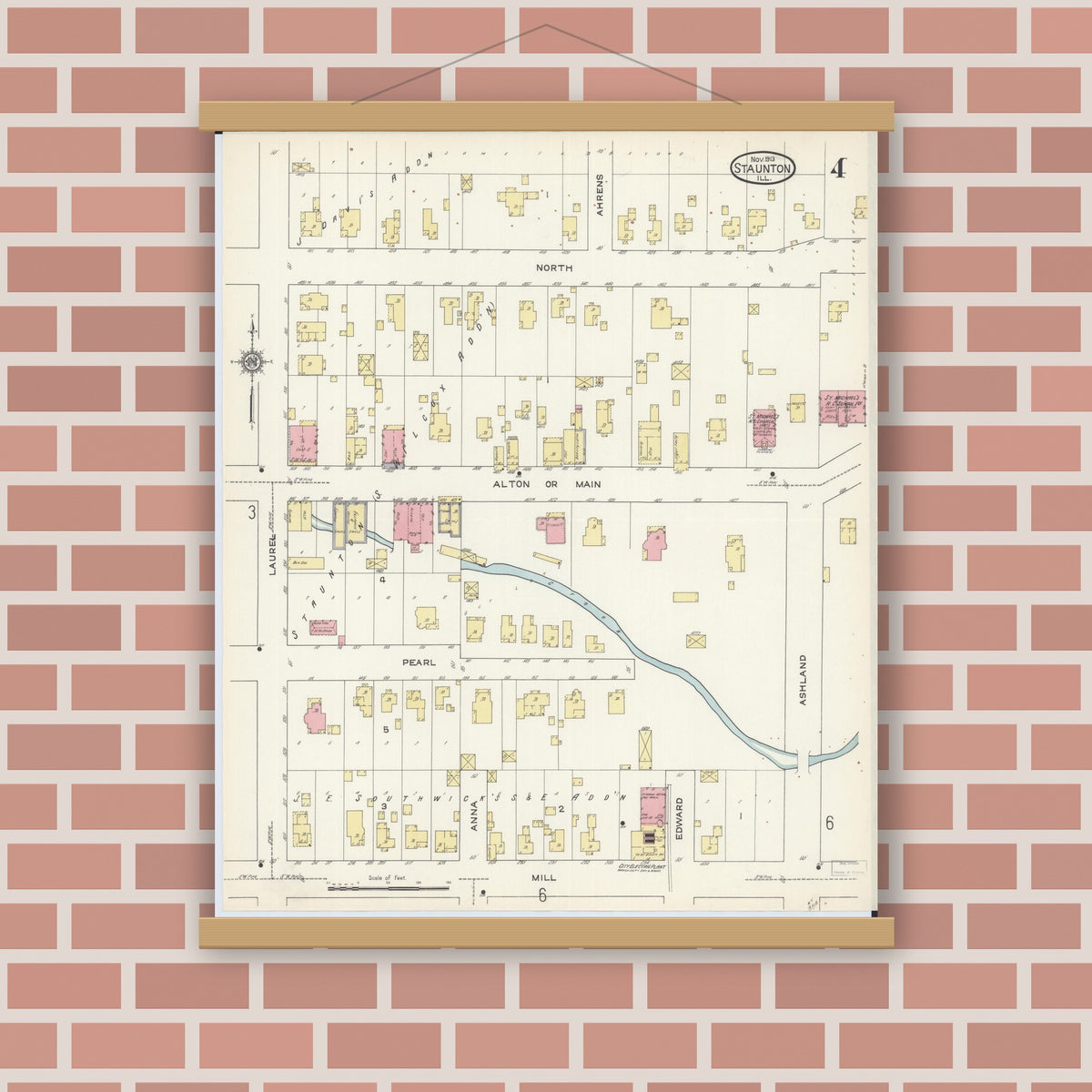 Old map wall art mockup — magnetic wood frame on brick wall — Sanborn Fire Insurance Map from Staunton, Macoupin County, Illinois (1913), Sheet #0004