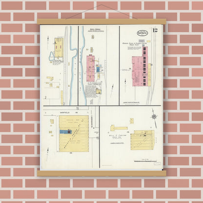Old map wall art mockup — magnetic wood frame on brick wall — Sanborn Fire Insurance Map from Batavia, Kane County, Illinois (1916), Sheet #0012