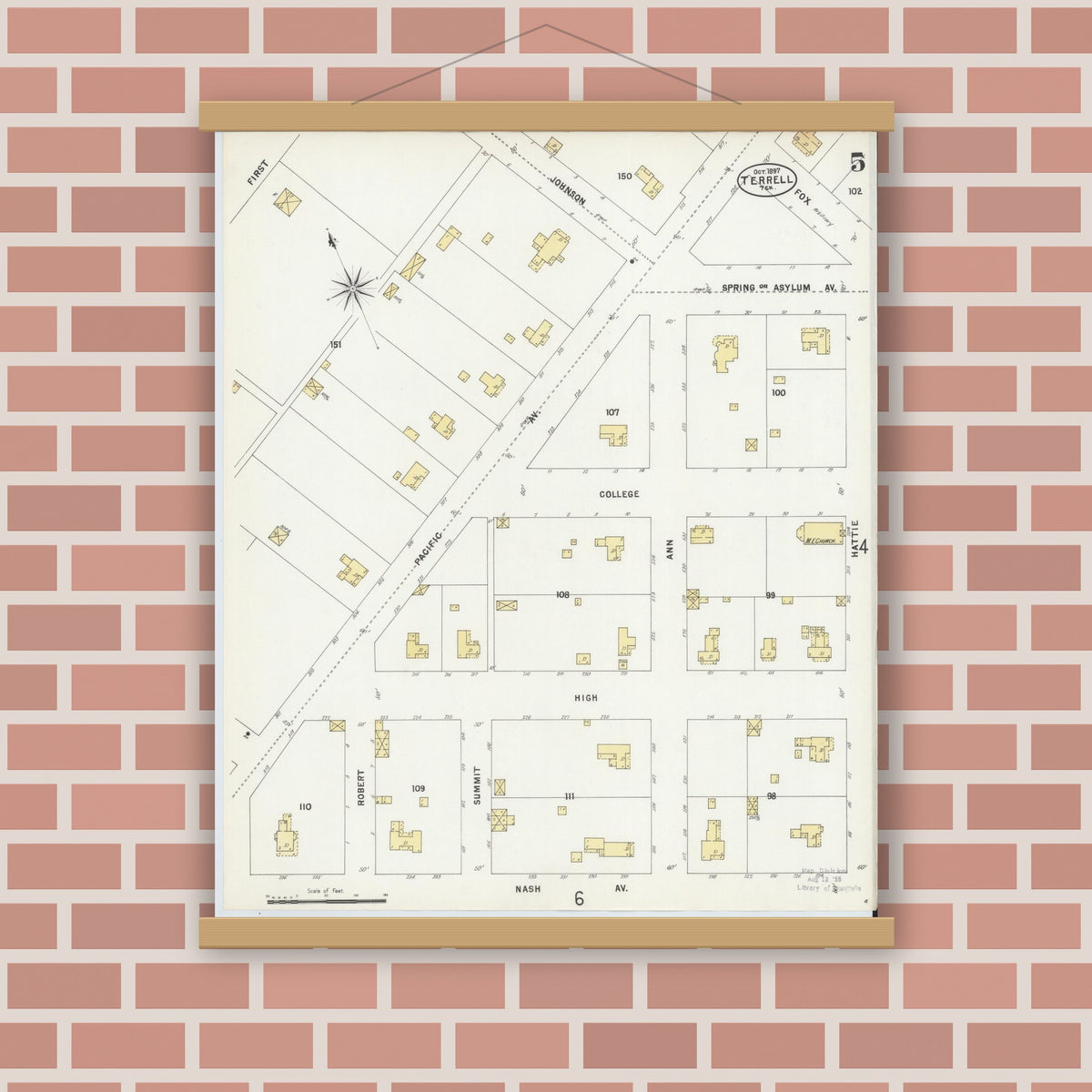 Old map wall art mockup — magnetic wood frame on brick wall — Sanborn Fire Insurance Map from Terrell, Kaufman County, Texas (1897), Sheet #0005