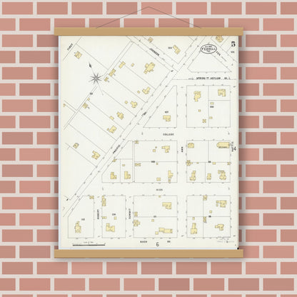 Old map wall art mockup — magnetic wood frame on brick wall — Sanborn Fire Insurance Map from Terrell, Kaufman County, Texas (1897), Sheet #0005