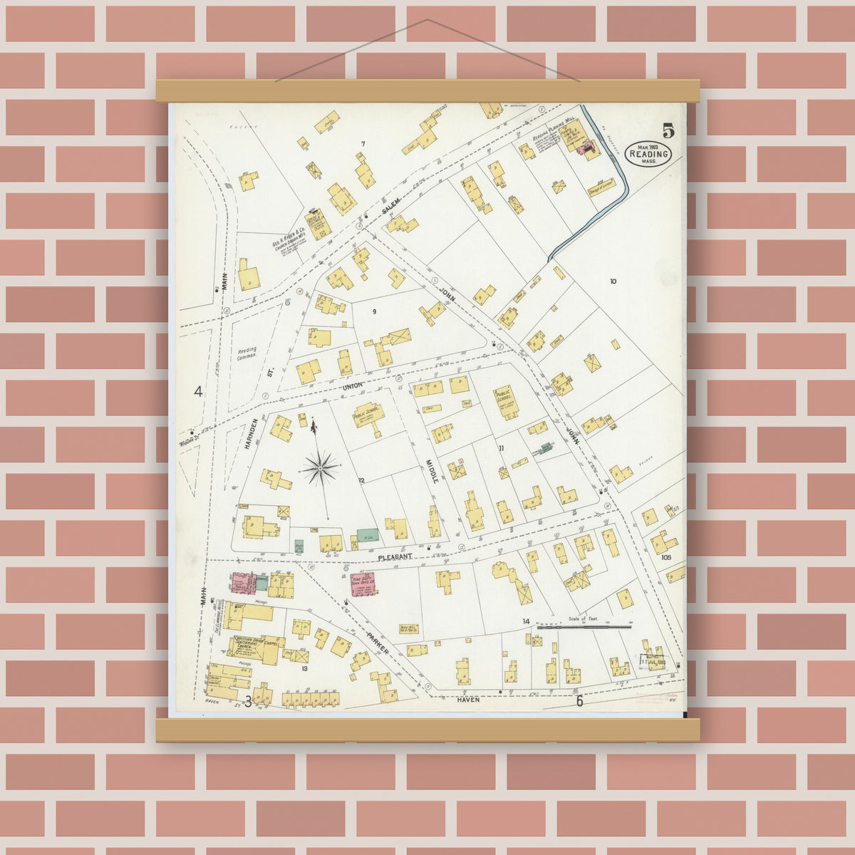 Old map wall art mockup — magnetic wood frame on brick wall — Sanborn Fire Insurance Map from Reading, Middlesex County, Massachusetts (1903), Sheet #0005
