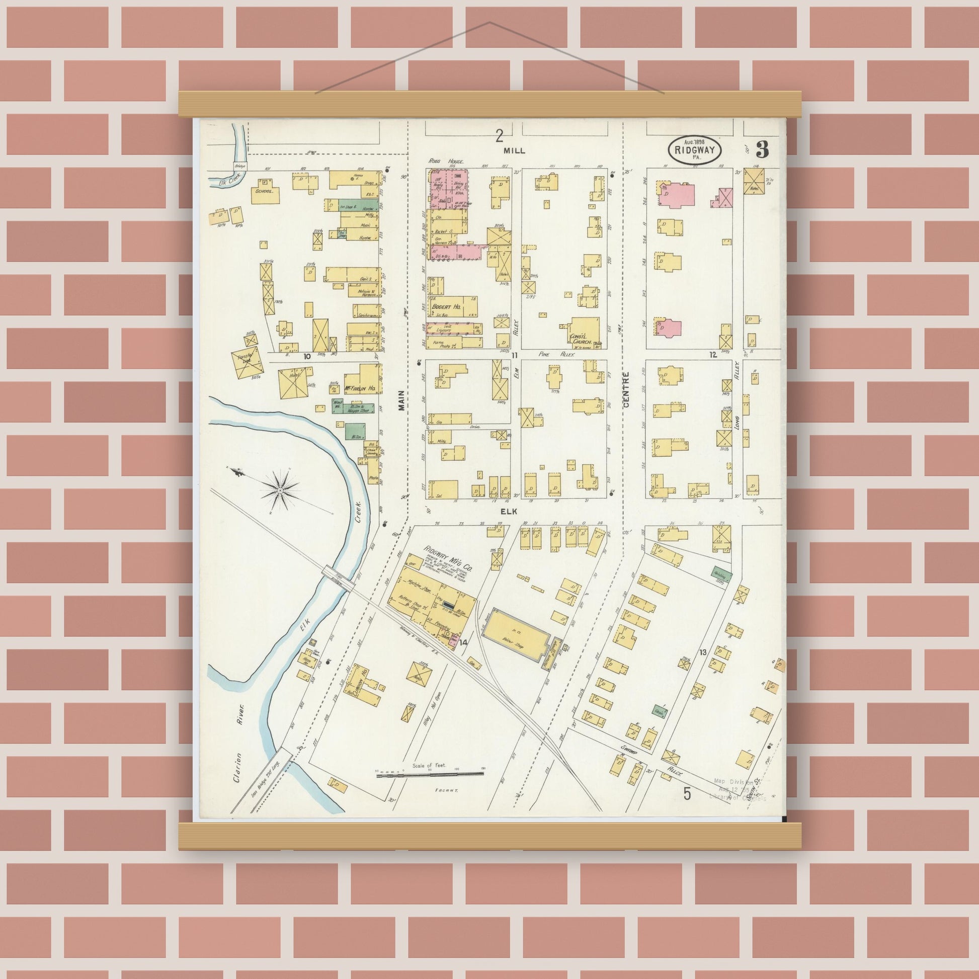 Old map wall art mockup — magnetic wood frame on brick wall — Sanborn Fire Insurance Map from Ridgway, Elk County, Pennsylvania (1898), Sheet #0003