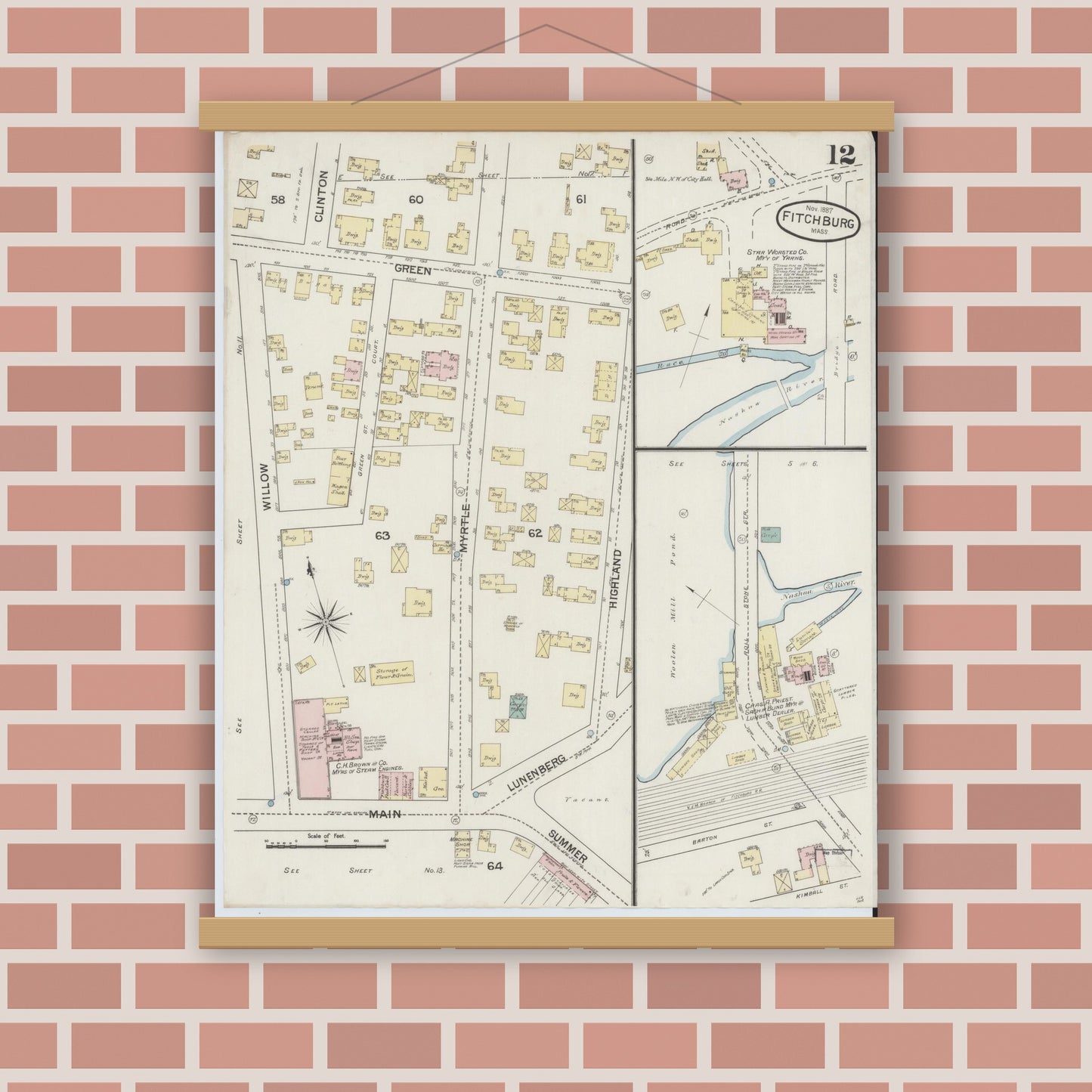 Old map wall art mockup — magnetic wood frame on brick wall — Sanborn Fire Insurance Map from Fitchburg, Worcester County, Massachusetts (1887), Sheet #0012