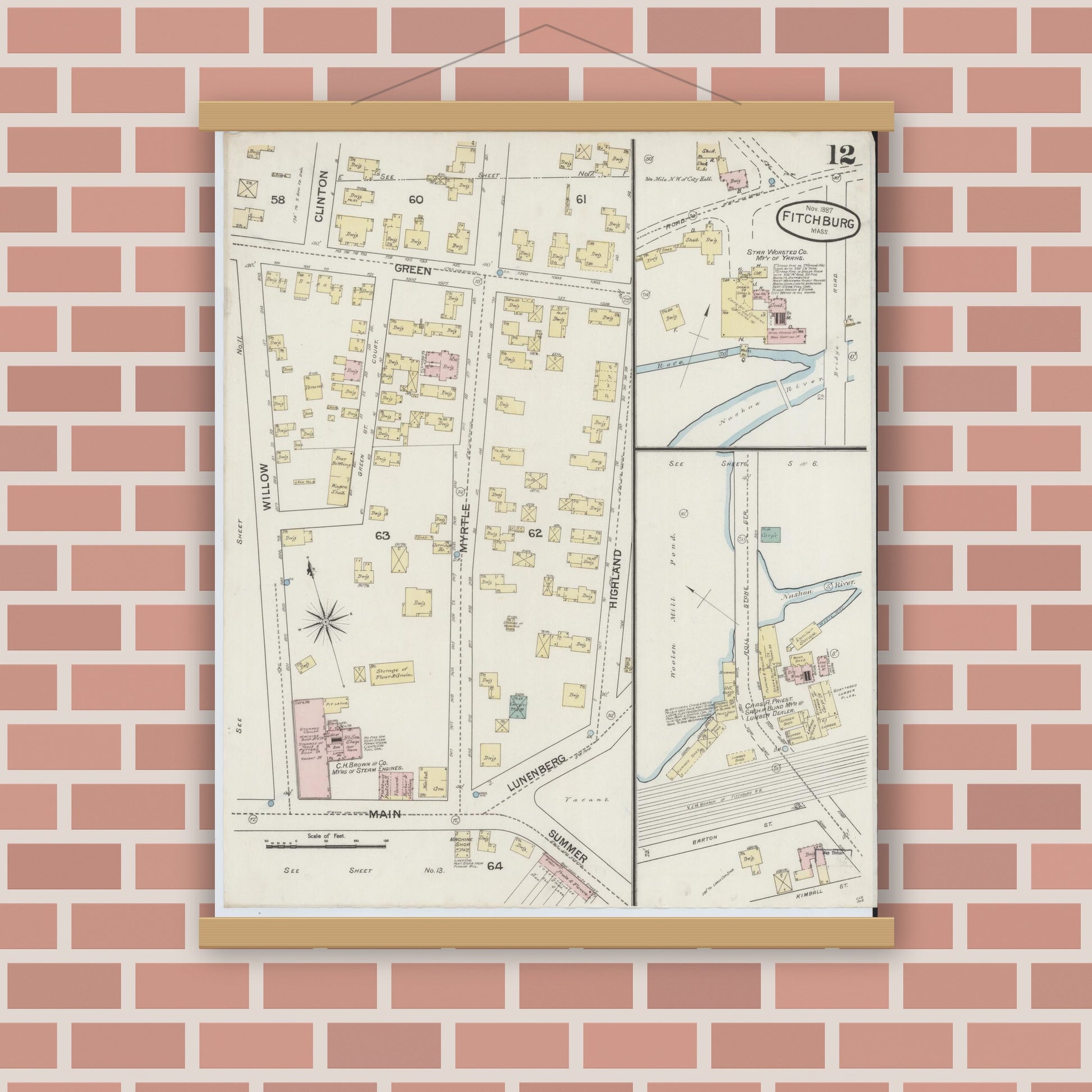 Old map wall art mockup — magnetic wood frame on brick wall — Sanborn Fire Insurance Map from Fitchburg, Worcester County, Massachusetts (1887), Sheet #0012