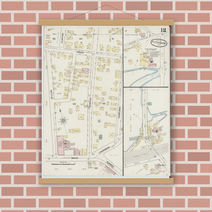 Old map wall art mockup — magnetic wood frame on brick wall — Sanborn Fire Insurance Map from Fitchburg, Worcester County, Massachusetts (1887), Sheet #0012