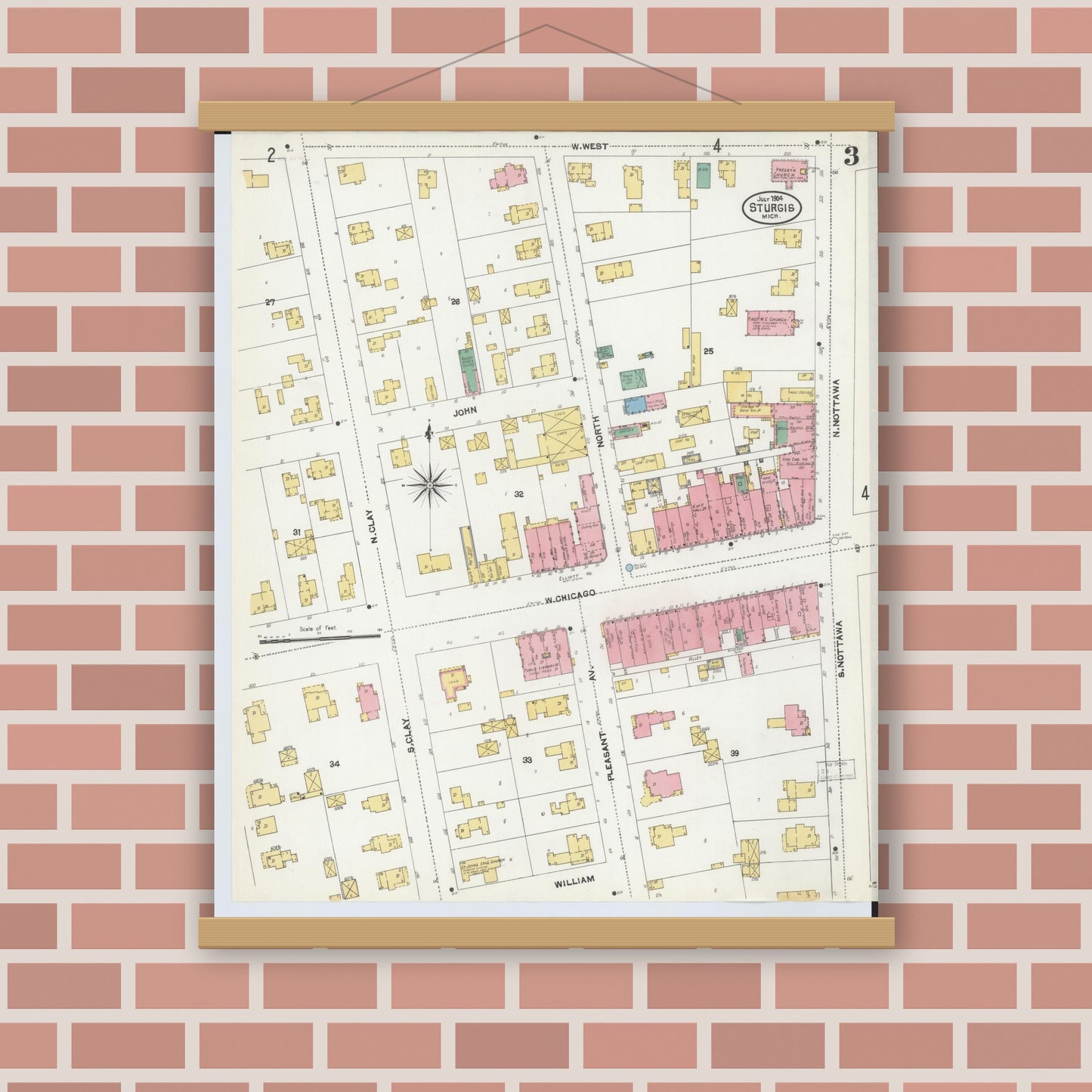Old map wall art mockup — magnetic wood frame on brick wall — Sanborn Fire Insurance Map from Sturgis, Saint Joseph County, Michigan (1904), Sheet #0003