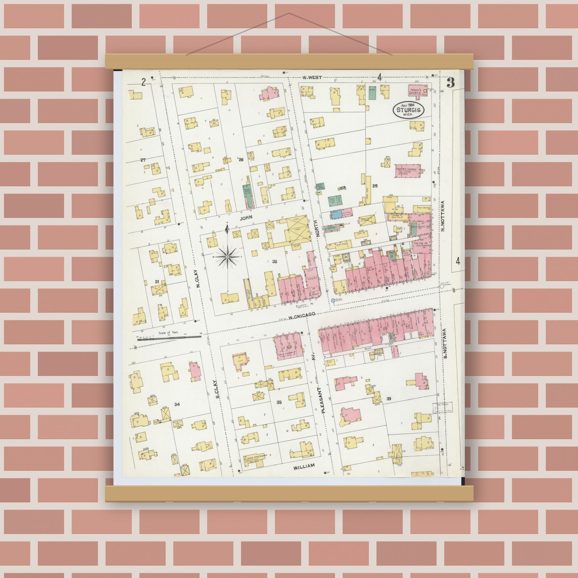 Old map wall art mockup — magnetic wood frame on brick wall — Sanborn Fire Insurance Map from Sturgis, Saint Joseph County, Michigan (1904), Sheet #0003