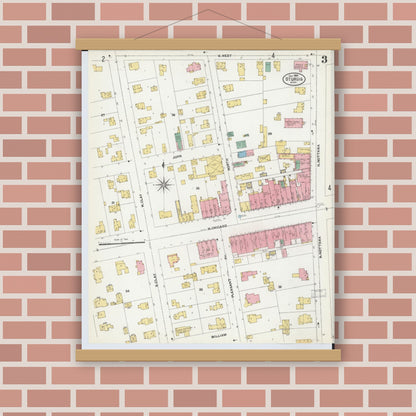 Old map wall art mockup — magnetic wood frame on brick wall — Sanborn Fire Insurance Map from Sturgis, Saint Joseph County, Michigan (1904), Sheet #0003