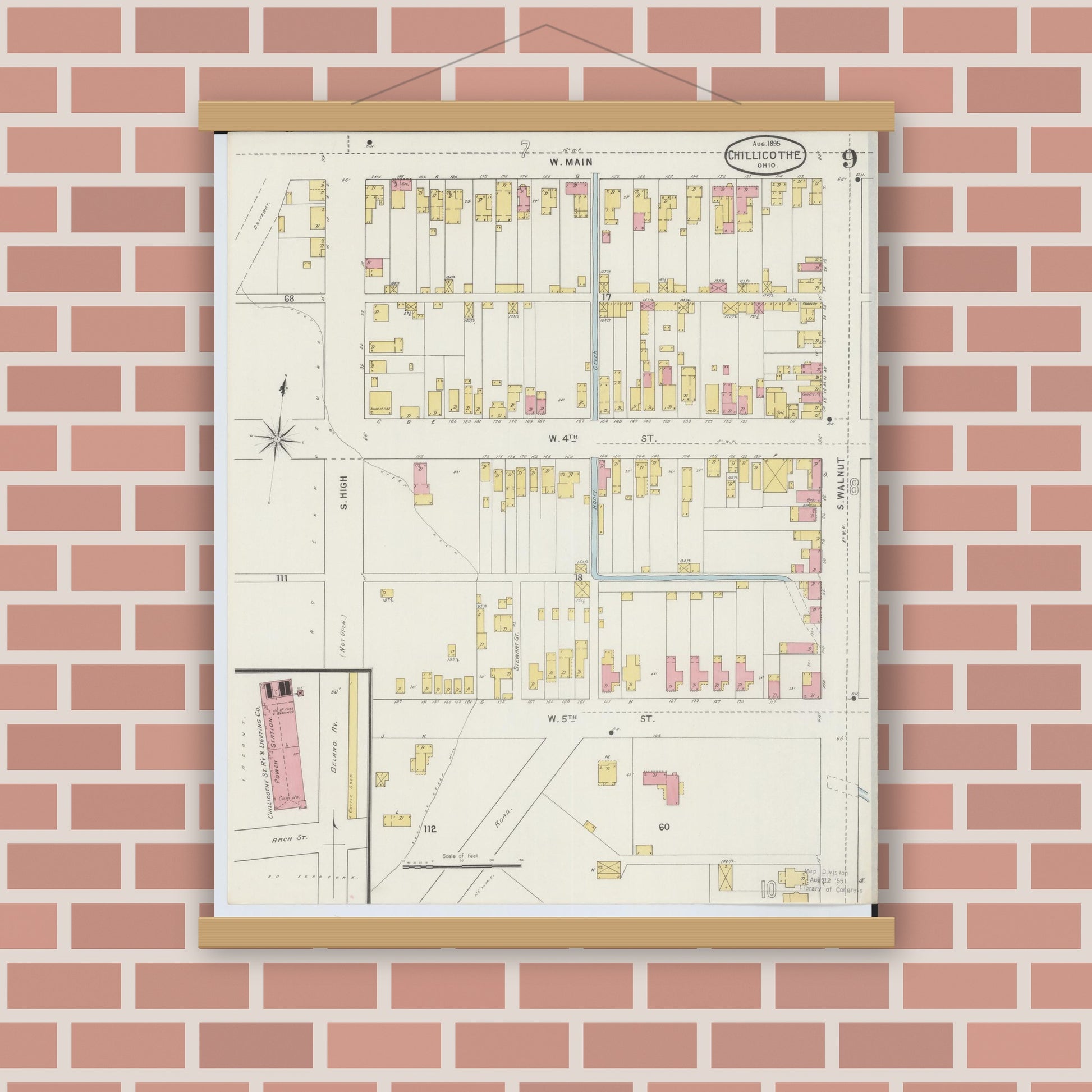 Old map wall art mockup — magnetic wood frame on brick wall — Sanborn Fire Insurance Map from Chillicothe, Ross County, Ohio (1895), Sheet #0009