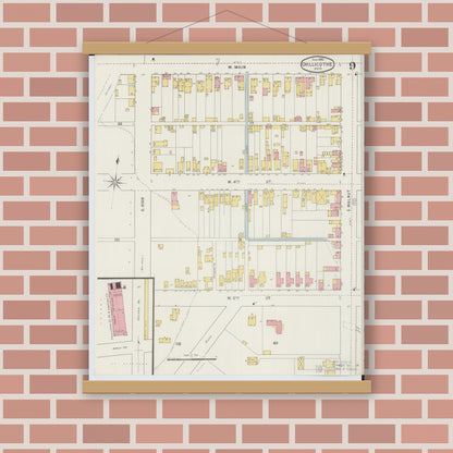 Old map wall art mockup — magnetic wood frame on brick wall — Sanborn Fire Insurance Map from Chillicothe, Ross County, Ohio (1895), Sheet #0009