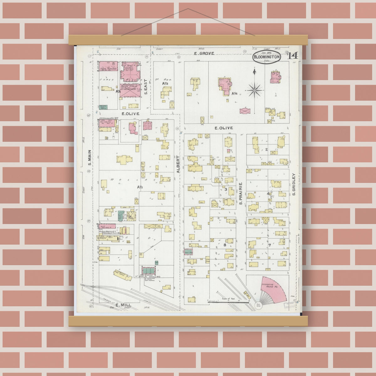 Old map wall art mockup — magnetic wood frame on brick wall — Sanborn Fire Insurance Map from Bloomington, McLean County, Illinois (1892), Sheet #0014