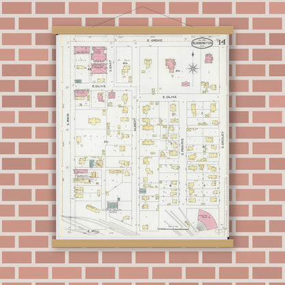 Old map wall art mockup — magnetic wood frame on brick wall — Sanborn Fire Insurance Map from Bloomington, McLean County, Illinois (1892), Sheet #0014