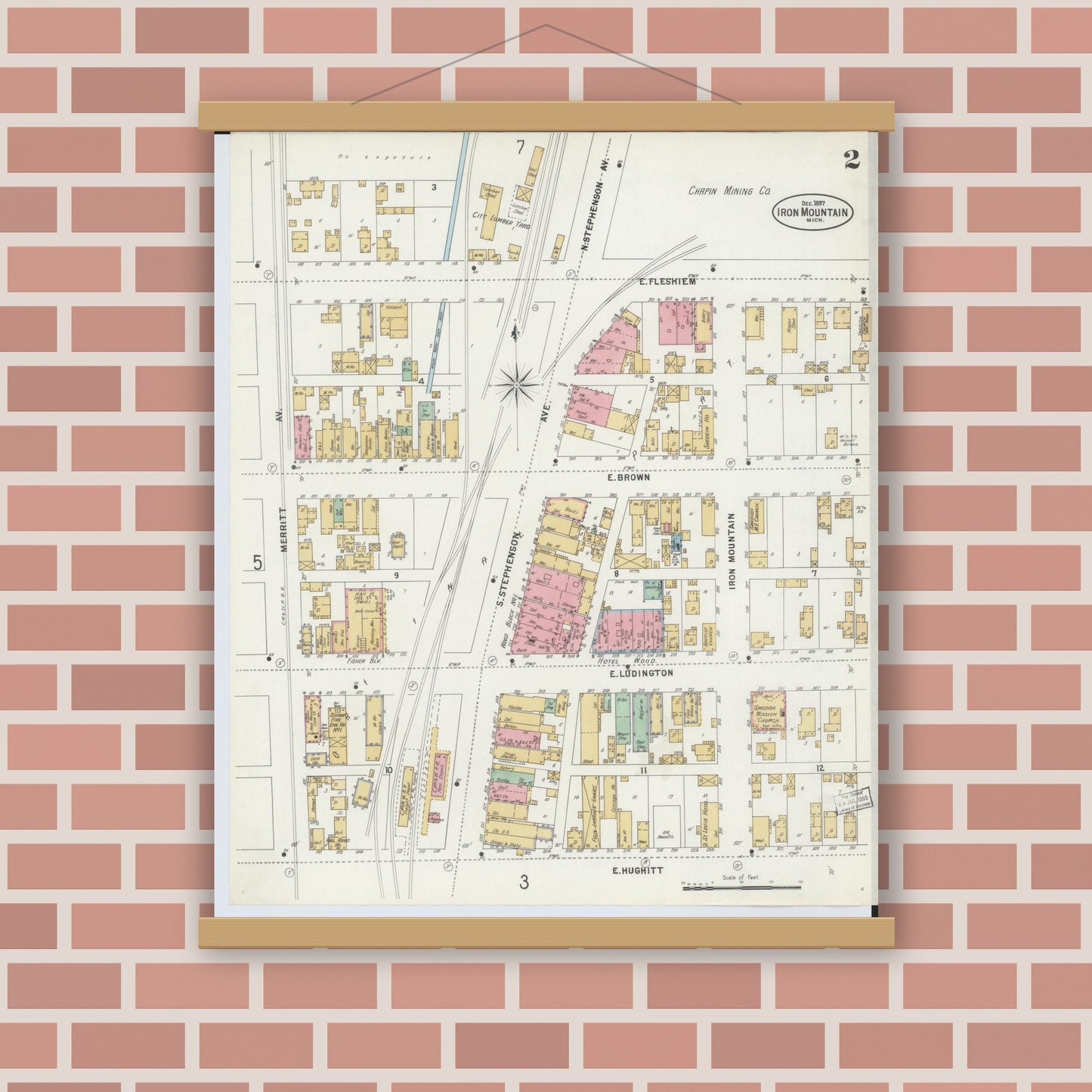 Old map wall art mockup — magnetic wood frame on brick wall — Sanborn Fire Insurance Map from Iron Mountain, Dickinson County, Michigan (1897), Sheet #0002