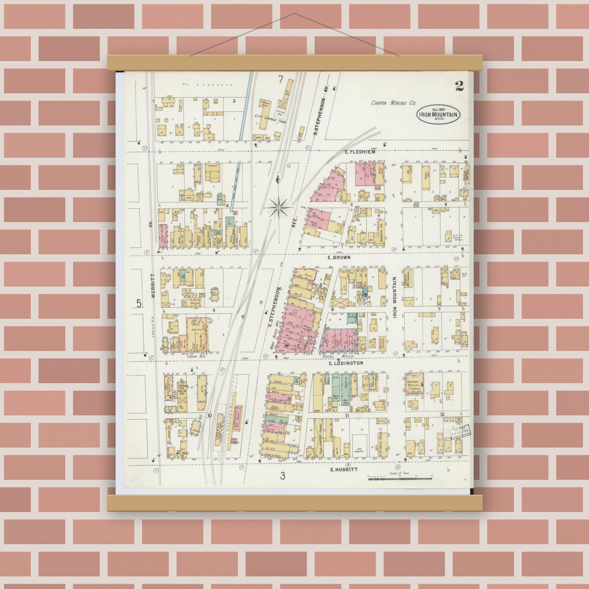Old map wall art mockup — magnetic wood frame on brick wall — Sanborn Fire Insurance Map from Iron Mountain, Dickinson County, Michigan (1897), Sheet #0002