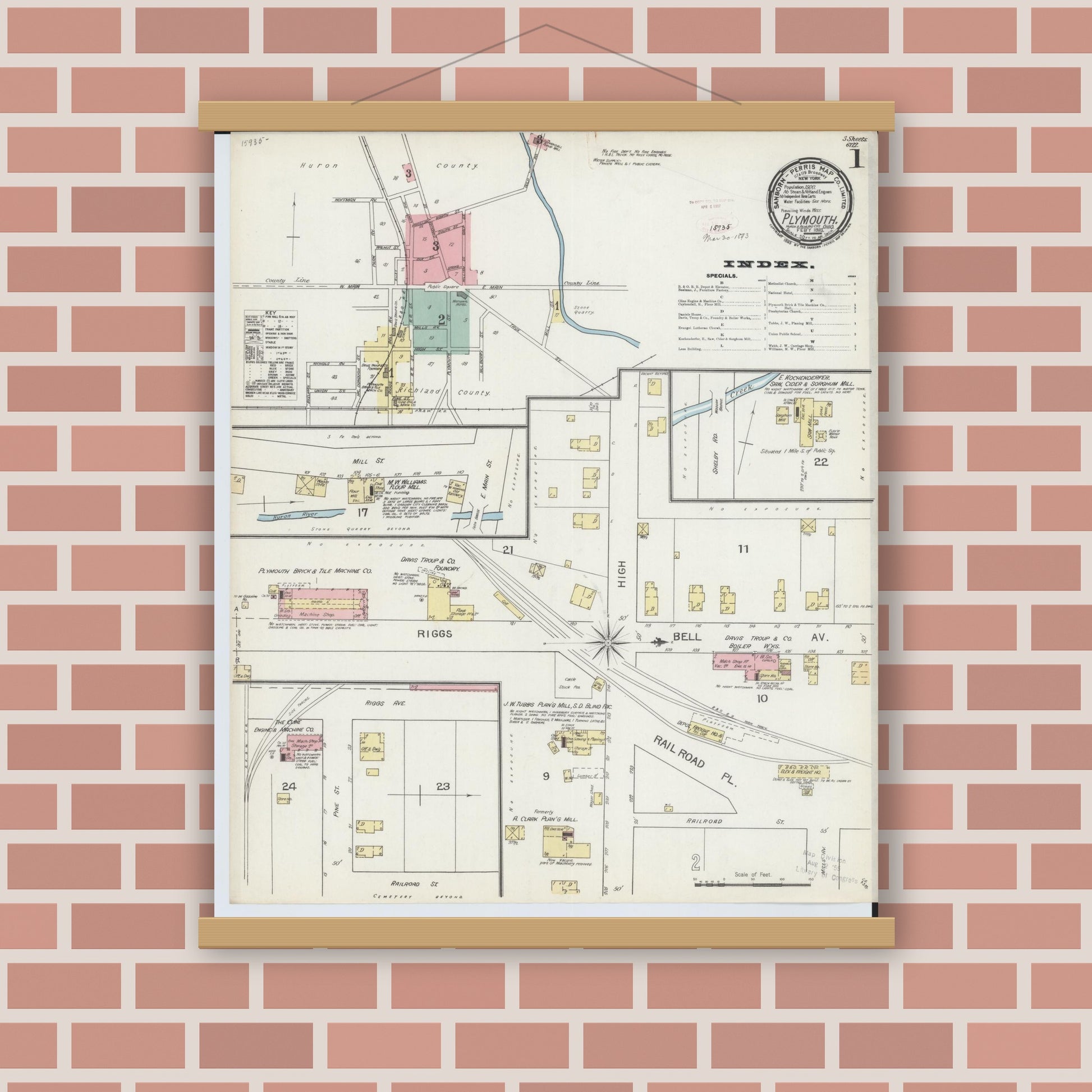 Old map wall art mockup — magnetic wood frame on brick wall — Sanborn Fire Insurance Map from Plymouth, Huron And Richland Counties, Ohio (1893), Sheet #0001