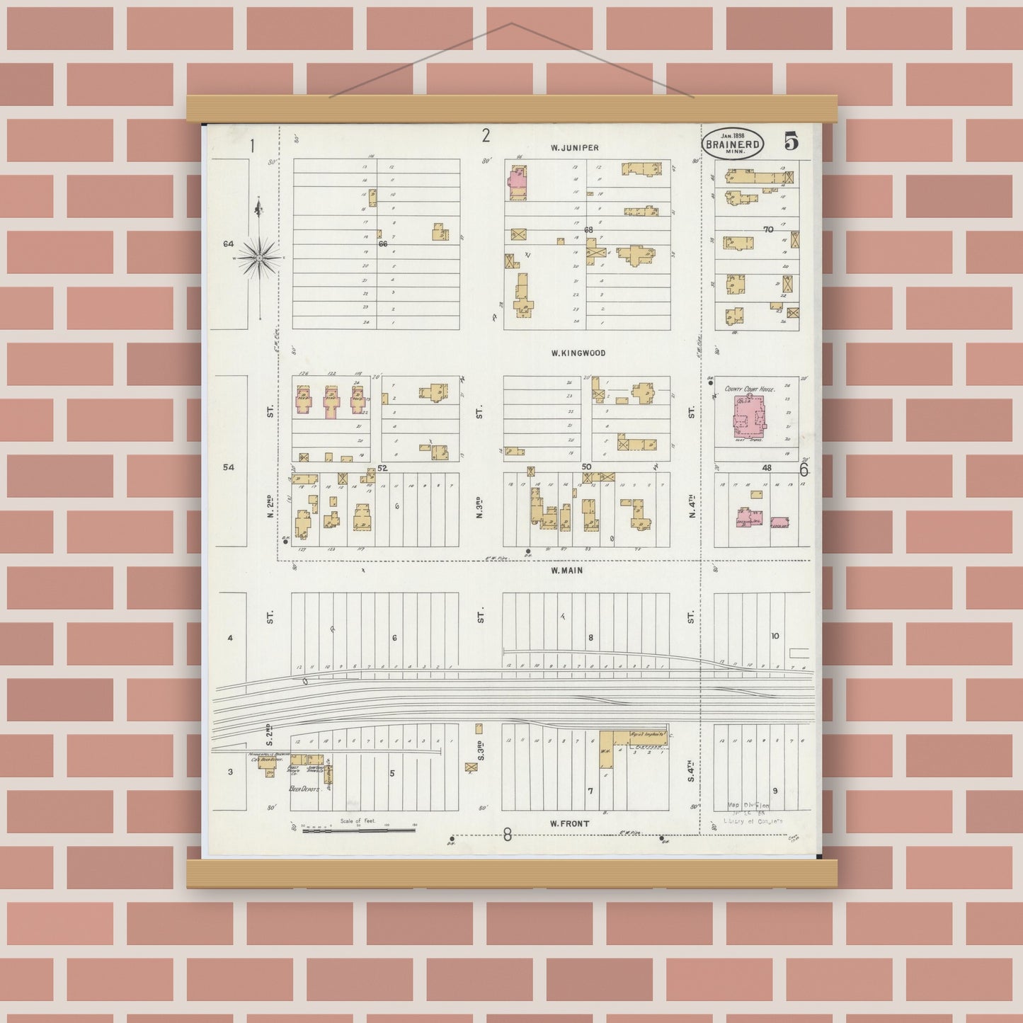 Old map wall art mockup — magnetic wood frame on brick wall — Sanborn Fire Insurance Map from Brainerd, Crow Wing County, Minnesota (1898), Sheet #0005