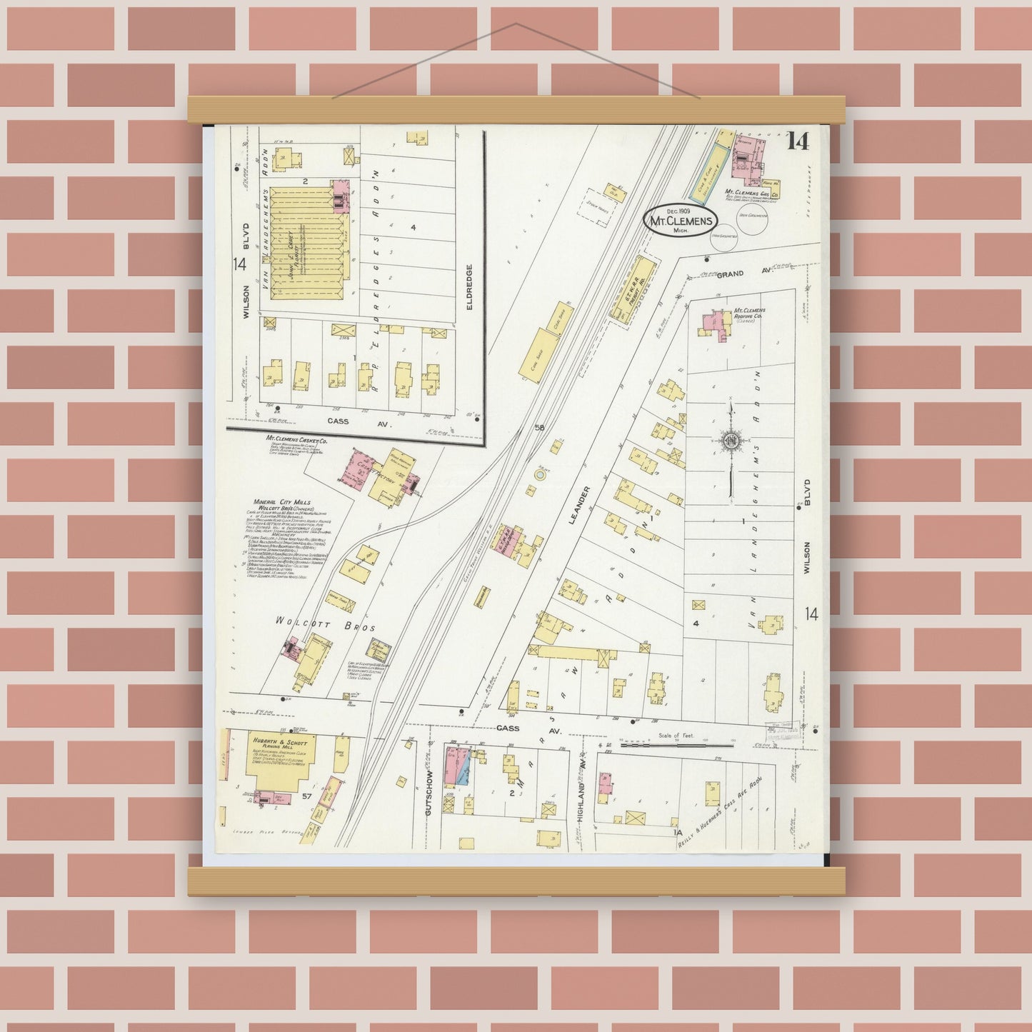 Old map wall art mockup — magnetic wood frame on brick wall — Sanborn Fire Insurance Map from Mount Clemens, Macomb County, Michigan (1909), Sheet #0014
