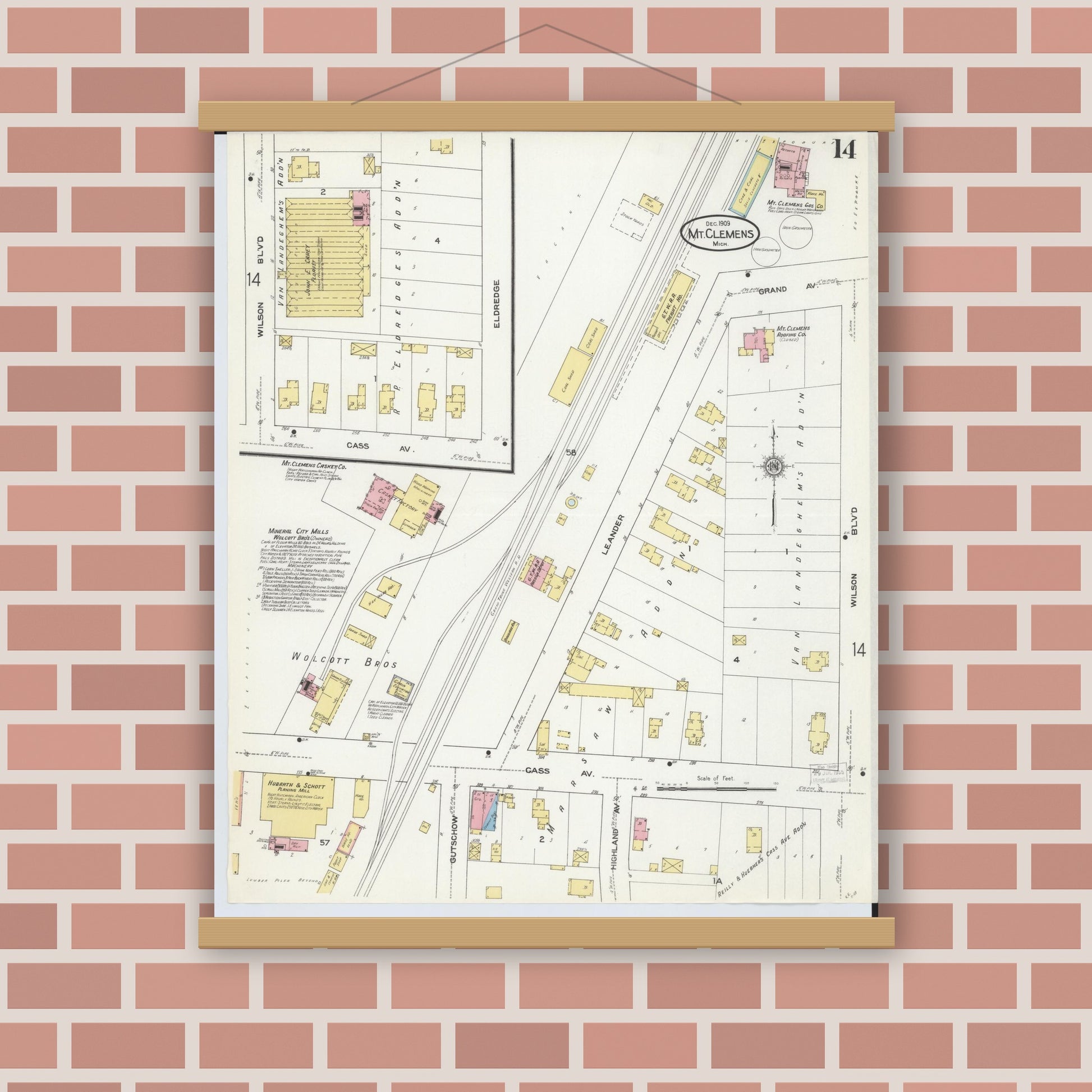 Old map wall art mockup — magnetic wood frame on brick wall — Sanborn Fire Insurance Map from Mount Clemens, Macomb County, Michigan (1909), Sheet #0014