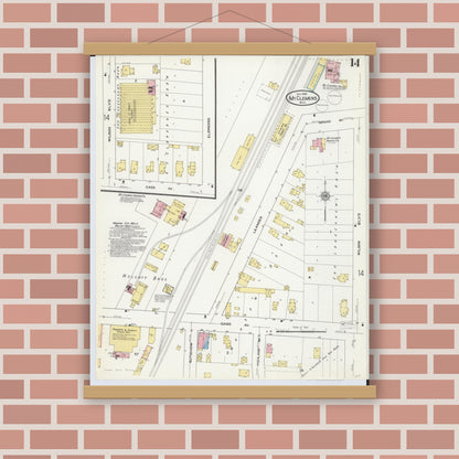 Old map wall art mockup — magnetic wood frame on brick wall — Sanborn Fire Insurance Map from Mount Clemens, Macomb County, Michigan (1909), Sheet #0014