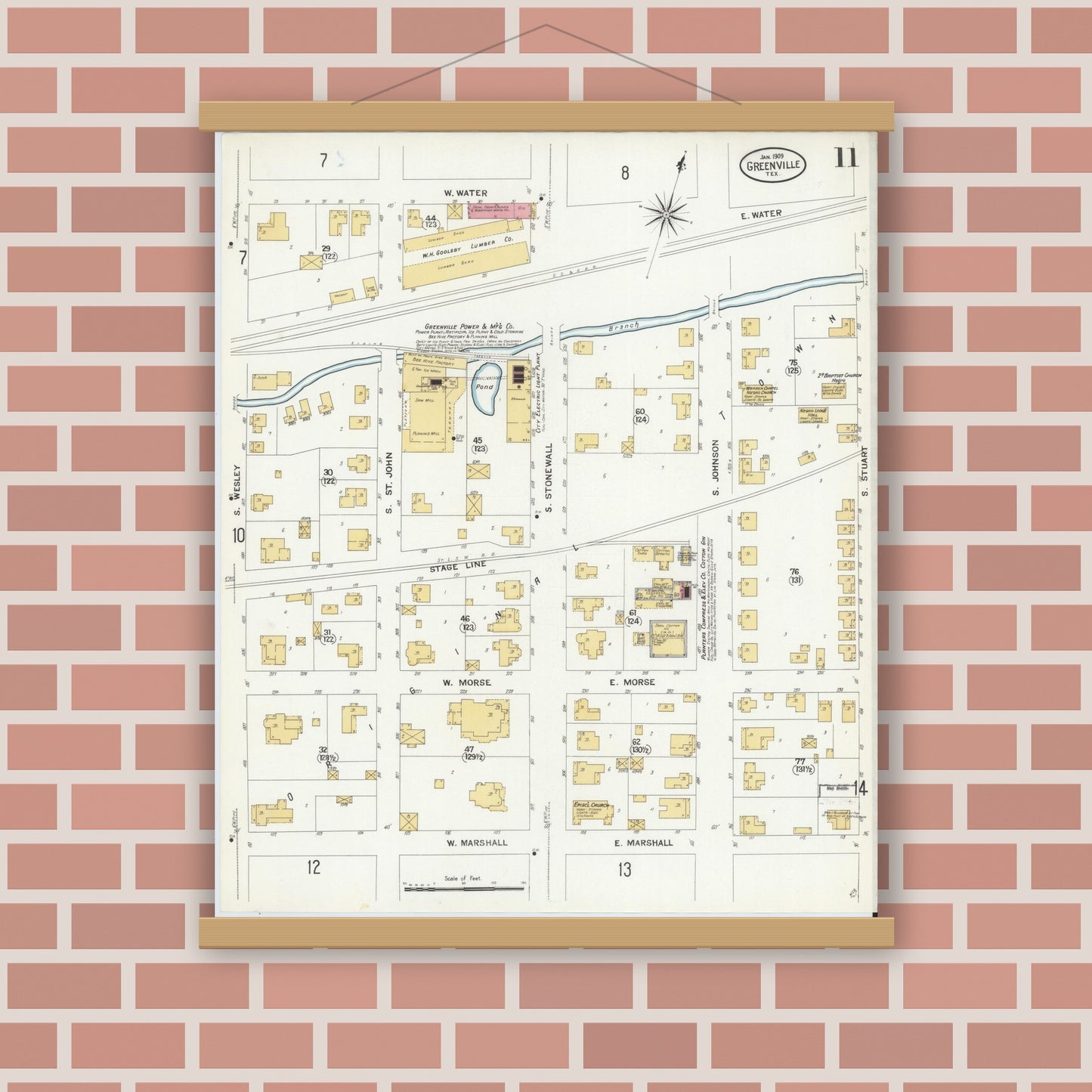 Old map wall art mockup — magnetic wood frame on brick wall — Sanborn Fire Insurance Map from Greenville, Hunt County, Texas (1909), Sheet #0011