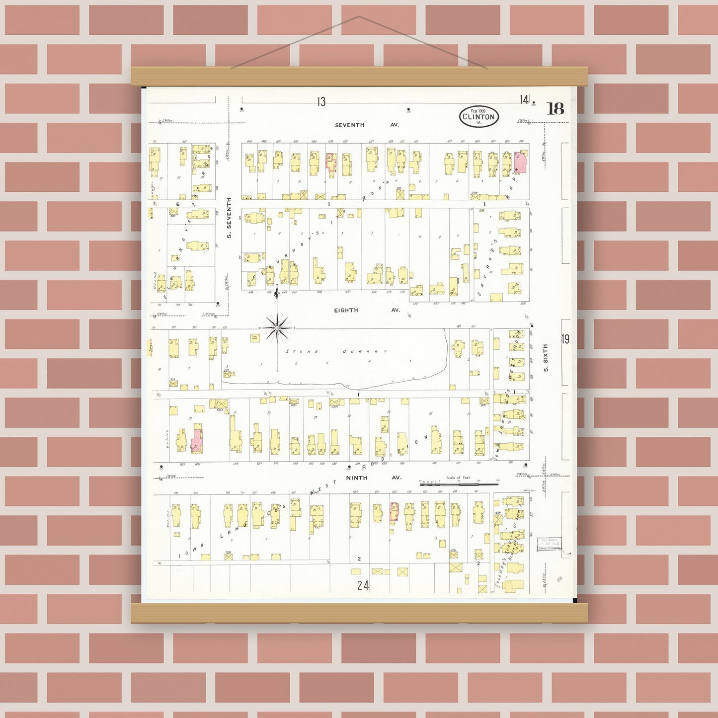 Old map wall art mockup — magnetic wood frame on brick wall — Sanborn Fire Insurance Map from Clinton, Clinton County, Iowa (1909), Sheet #0018