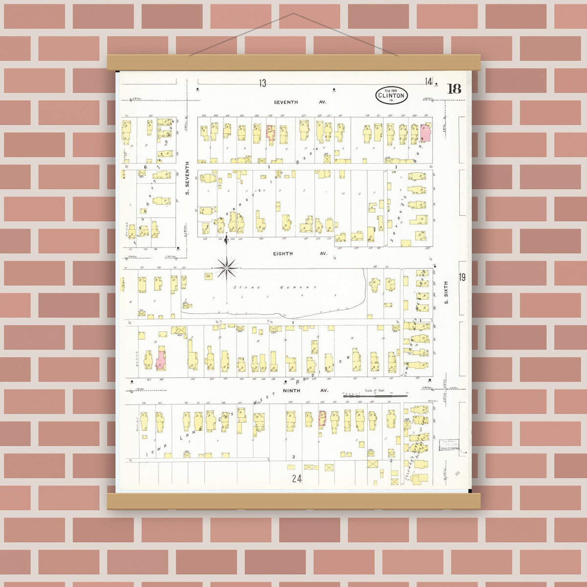 Old map wall art mockup — magnetic wood frame on brick wall — Sanborn Fire Insurance Map from Clinton, Clinton County, Iowa (1909), Sheet #0018