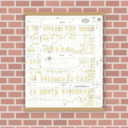 Old map wall art mockup — magnetic wood frame on brick wall — Sanborn Fire Insurance Map from Clinton, Clinton County, Iowa (1909), Sheet #0018