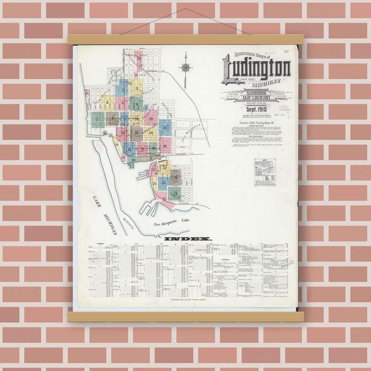Old map wall art mockup — magnetic wood frame on brick wall — Sanborn Fire Insurance Map from Ludington, Mason County, Michigan (1910) - Complete Map Set