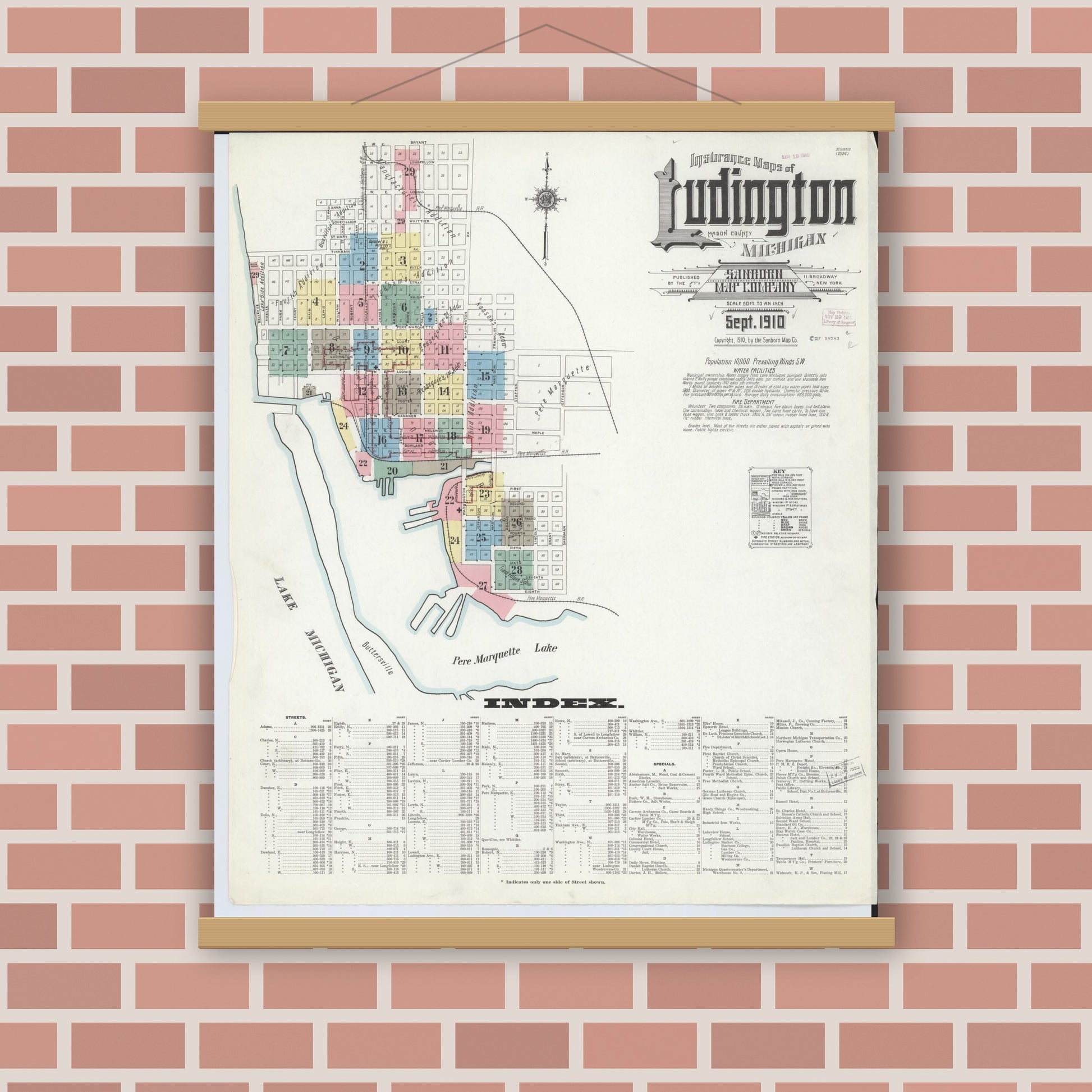 Old map wall art mockup — magnetic wood frame on brick wall — Sanborn Fire Insurance Map from Ludington, Mason County, Michigan (1910) - Complete Map Set