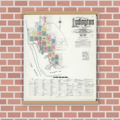 Old map wall art mockup — magnetic wood frame on brick wall — Sanborn Fire Insurance Map from Ludington, Mason County, Michigan (1910) - Complete Map Set