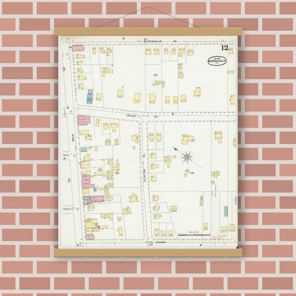 Old map wall art mockup — magnetic wood frame on brick wall — Sanborn Fire Insurance Map from New Rochelle, Westchester County, New York (1896), Sheet #0012