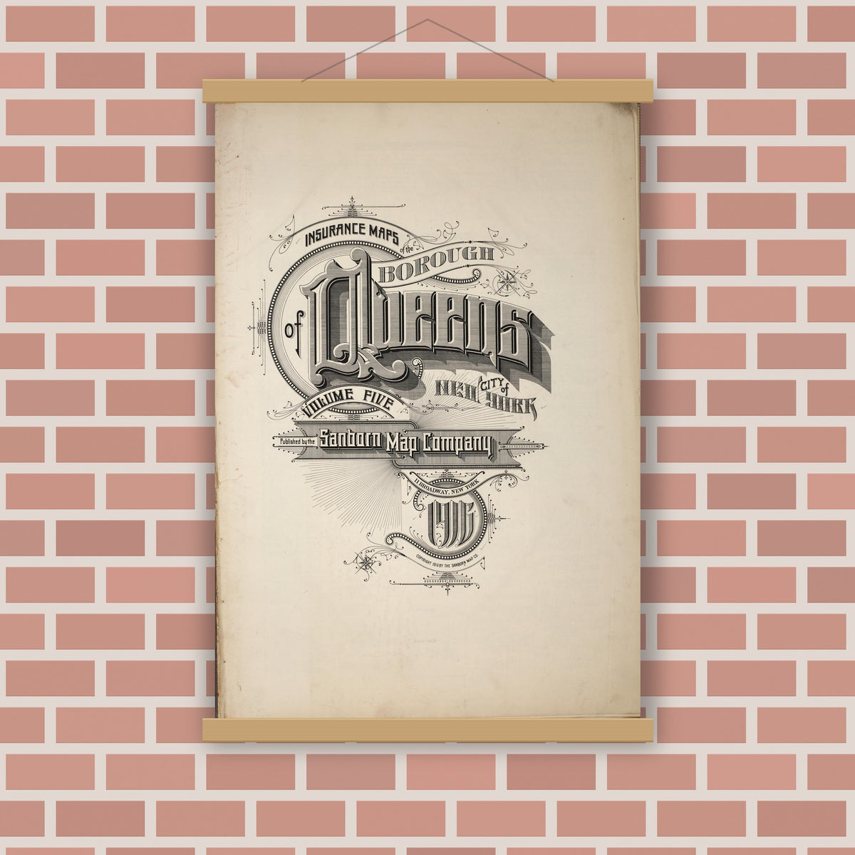 Old map wall art mockup — magnetic wood frame on brick wall — Sanborn Fire Insurance Map from Queens, Queens County, New York (1916), Sheet #0001