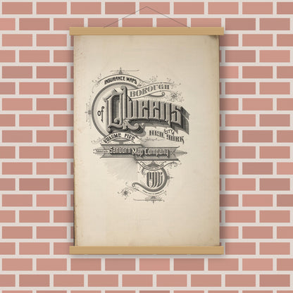 Old map wall art mockup — magnetic wood frame on brick wall — Sanborn Fire Insurance Map from Queens, Queens County, New York (1916), Sheet #0001